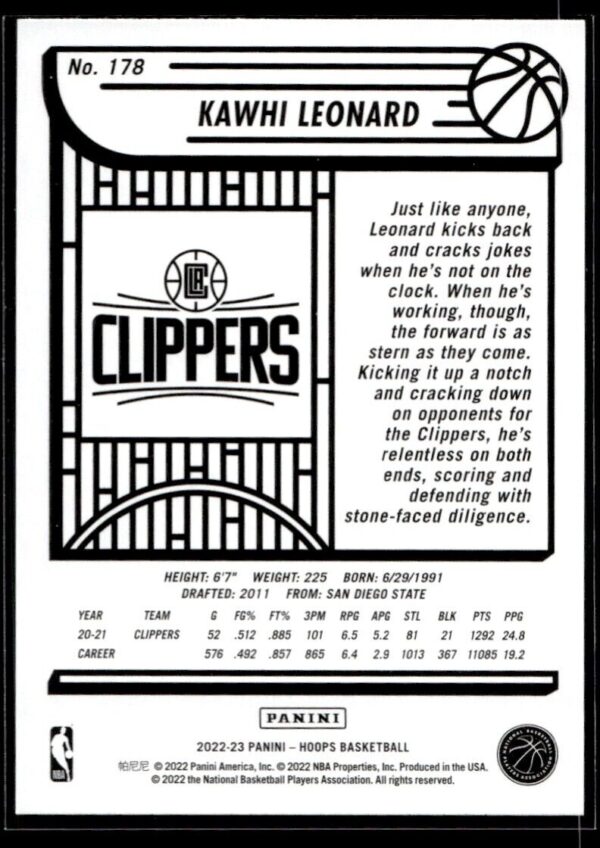 2022 NBA Hoops Los Angeles Clippers #178 Kawhi Leonard