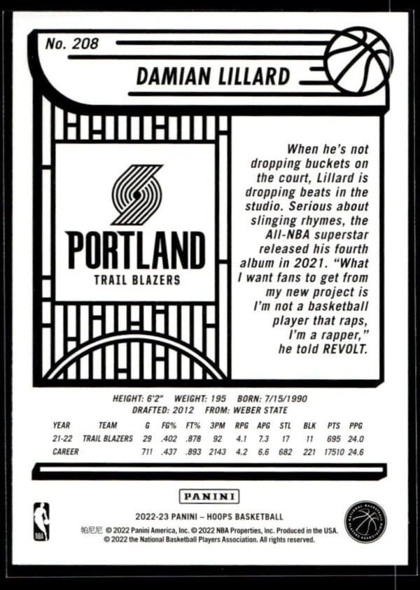 2022 NBA Hoops Portland Trail Blazers #208 Damian Lillard