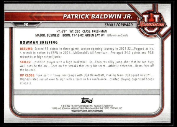 2002 Bowman University  #90 Patrick Baldwin Jr.
