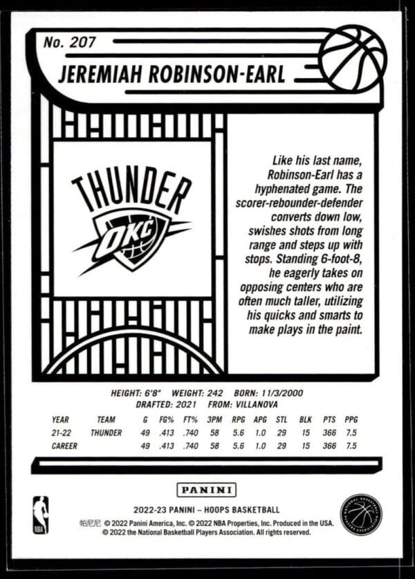 _10 2022 NBA Hoops Oklahoma City Thunder #207 Jeremiah Robinson-Earl