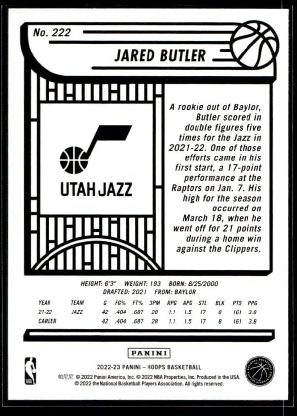 2022 NBA Hoops Utah Jazz #222 Jared Butler