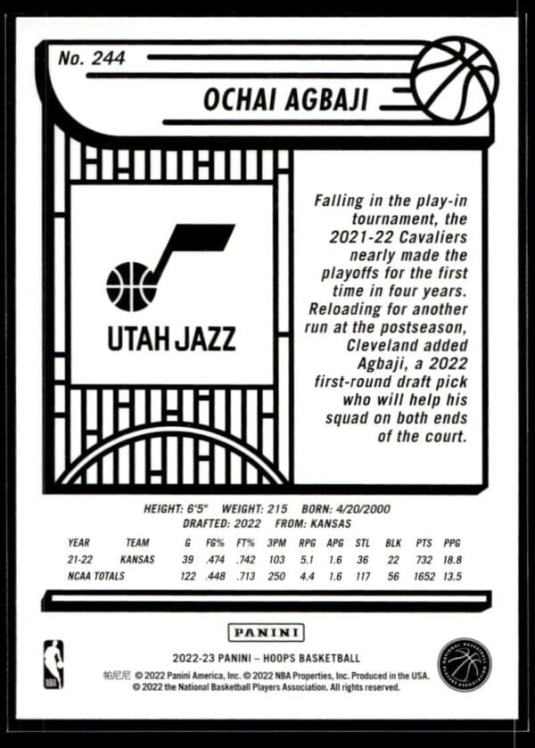 2022 NBA Hoops Utah Jazz #244 Ochai Agbaji RC Rookie