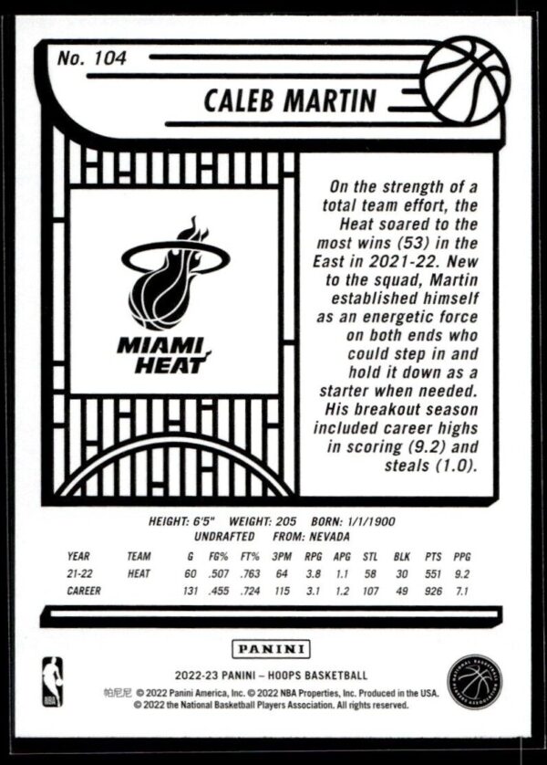 2022 NBA Hoops Miami Heat #104 Caleb Martin