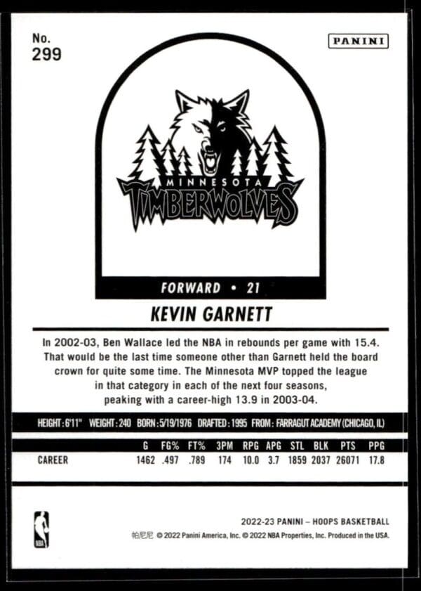 2022 NBA Hoops Minnesota Timberwolves #299 Kevin Garnett Tribute