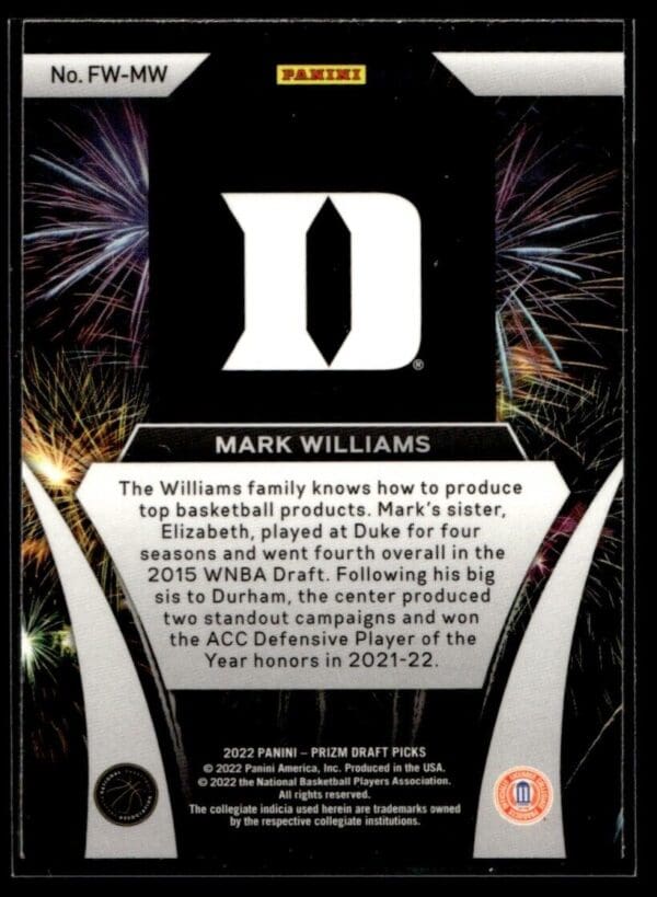 2022 Panini Prizm Draft Picks Duke #FW-MW Mark Williams Fireworks