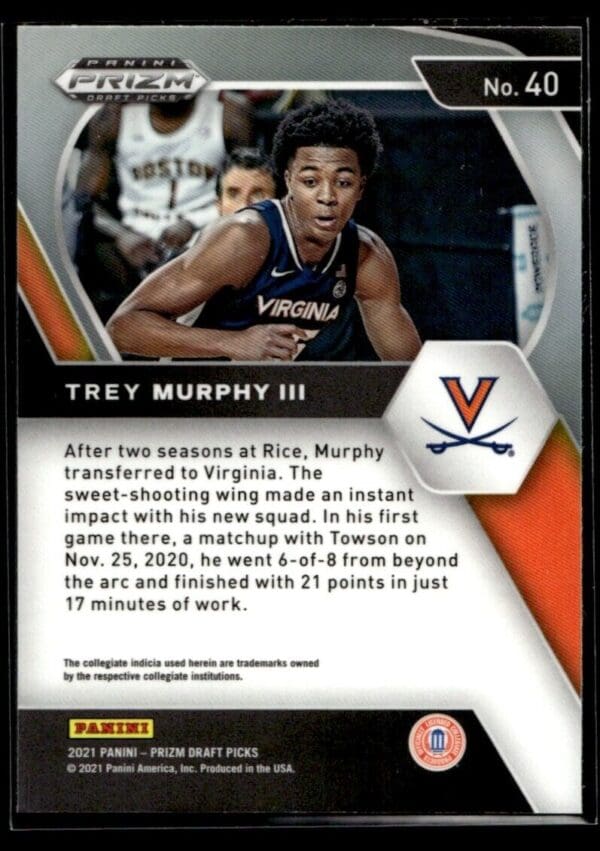 2021 Panini Prizm Draft Picks Virginia Cavaliers #40 Trey Murphy III RC Rookie