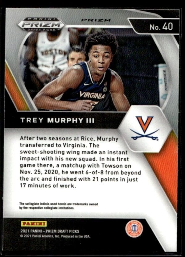 _10 2021 Panini Prizm Draft Picks Virginia Cavaliers #40 Trey Murphy III RC Rookie O