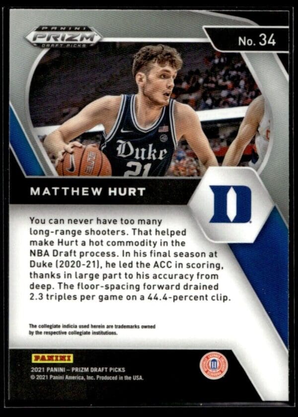 _10 2021 Panini Prizm Draft Picks Duke Blue Devils #34 Matthew Hurt RC Rookie