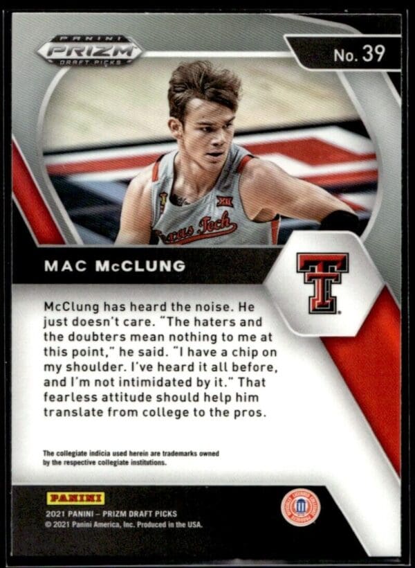 2021 Panini Prizm Draft Picks Texas Tech Red Raiders #39 Mac McClung RC Rookie