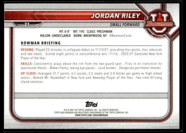 2002 Bowman University  #21 Jordan Riley
