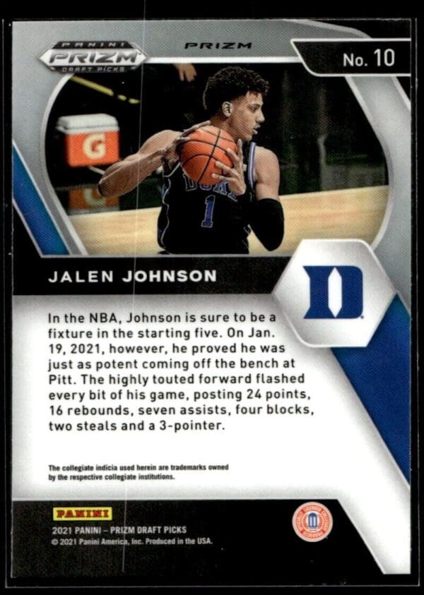 2021 Panini Prizm Draft Picks Duke Blue Devils #10 Jalen Johnson RC Rookie Orang