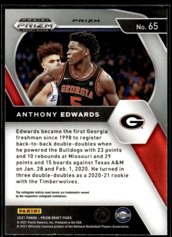 2021 Panini Prizm Draft Picks Georgia Bulldogs #65 Anthony Edwards Green Prizm