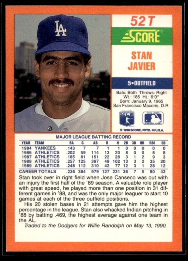 1990 Score Rookie & Traded Los Angeles Dodgers #52T Stan Javier