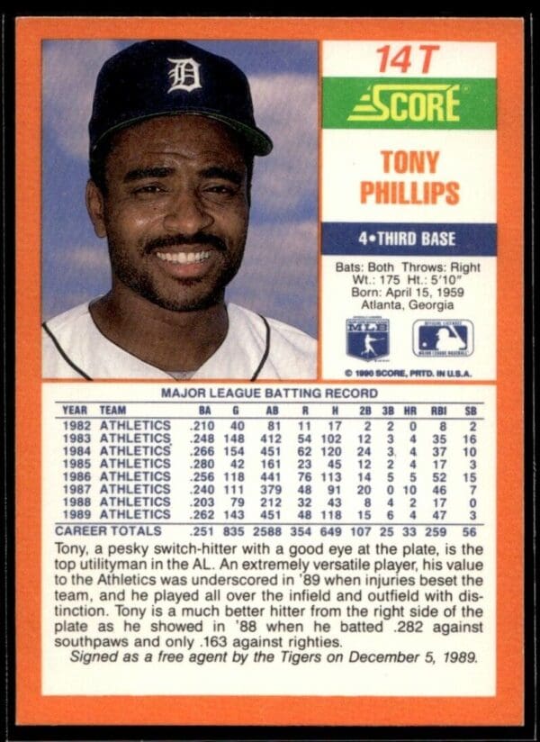 1990 Score Rookie & Traded Detroit Tigers #14T Tony Phillips