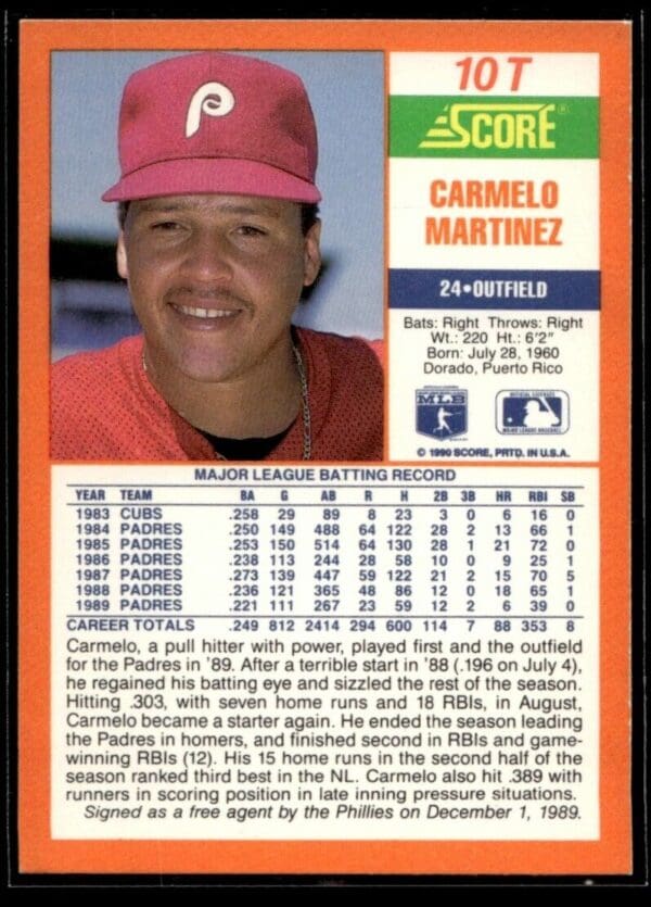 1990 Score Rookie & Traded Philadelphia Phillies #10T Carmelo Martinez