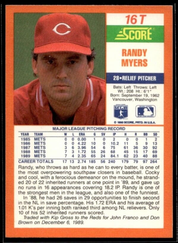 1990 Score Rookie & Traded Cincinnati Reds #16T Randy Myers