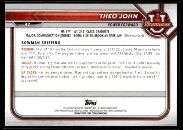 2002 Bowman University  #42 Theo John