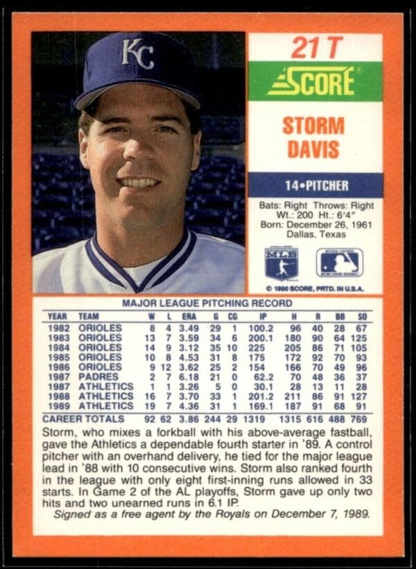 1990 Score Rookie & Traded Kansas City Royals #21T Storm Davis
