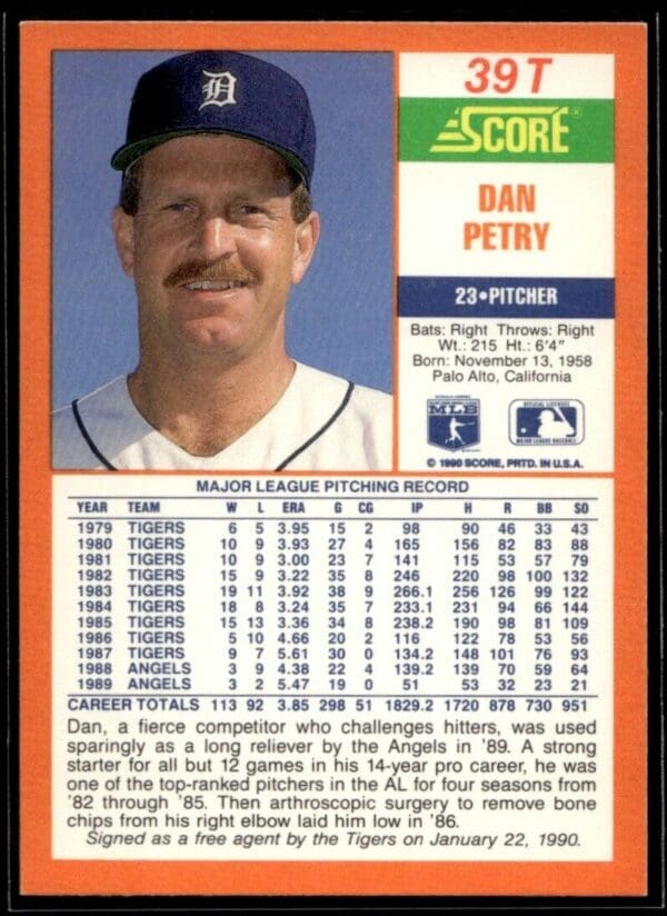 1990 Score Rookie & Traded Detroit Tigers #39T Dan Petry