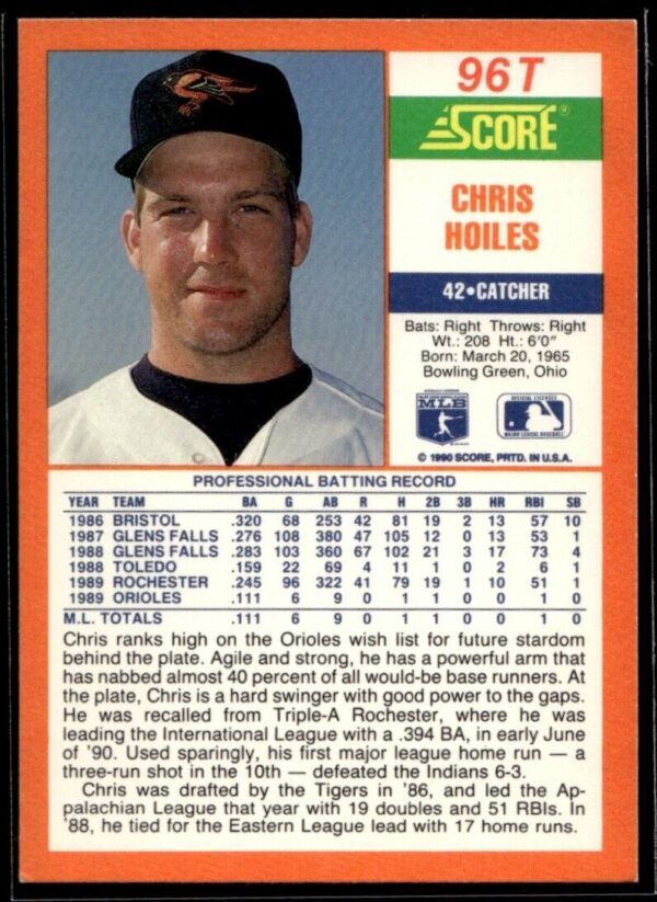 1990 Score Rookie & Traded Baltimore Orioles #96T Chris Hoiles