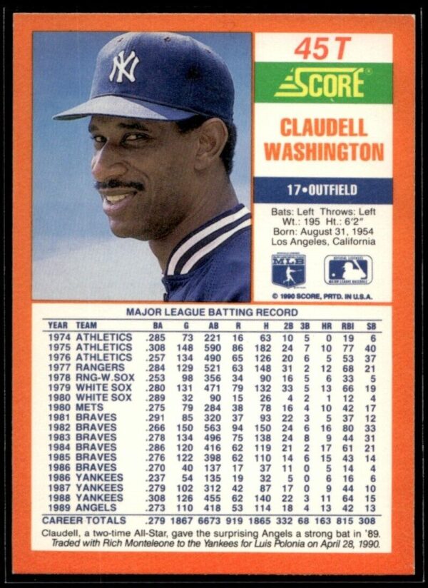 1990 Score Rookie & Traded New York Yankees #45T Claudell Washington
