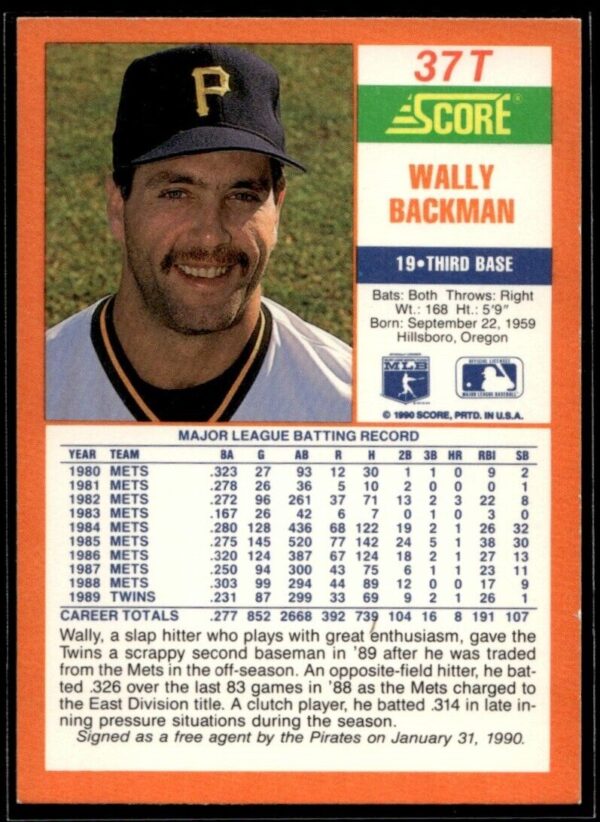 1990 Score Rookie & Traded Pittsburgh Pirates #37T Wally Backman
