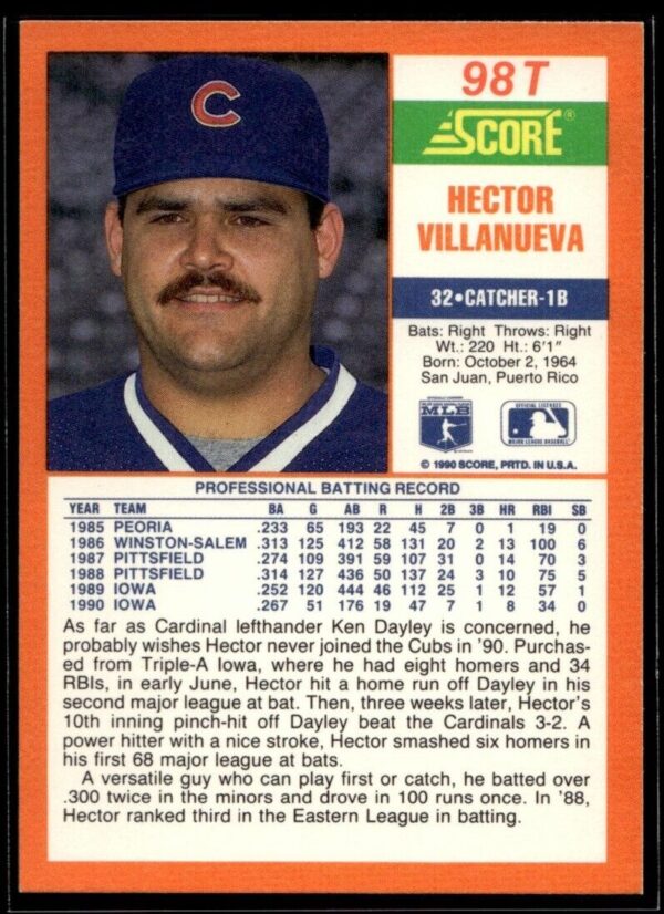 _10 1990 Score Rookie & Traded Chicago Cubs #98T Hector Villanueva RC Rookie