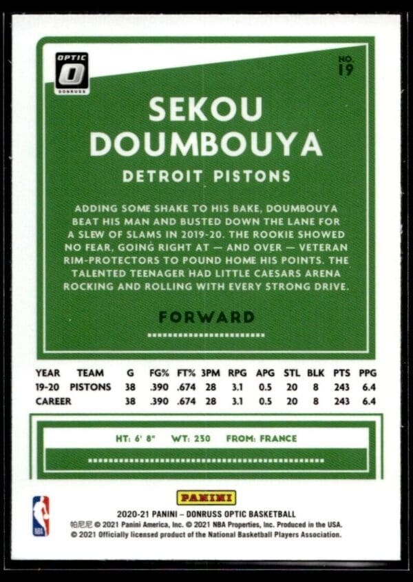 2020 Donruss Optic Detroit Pistons #19 Sekou Doumbouya