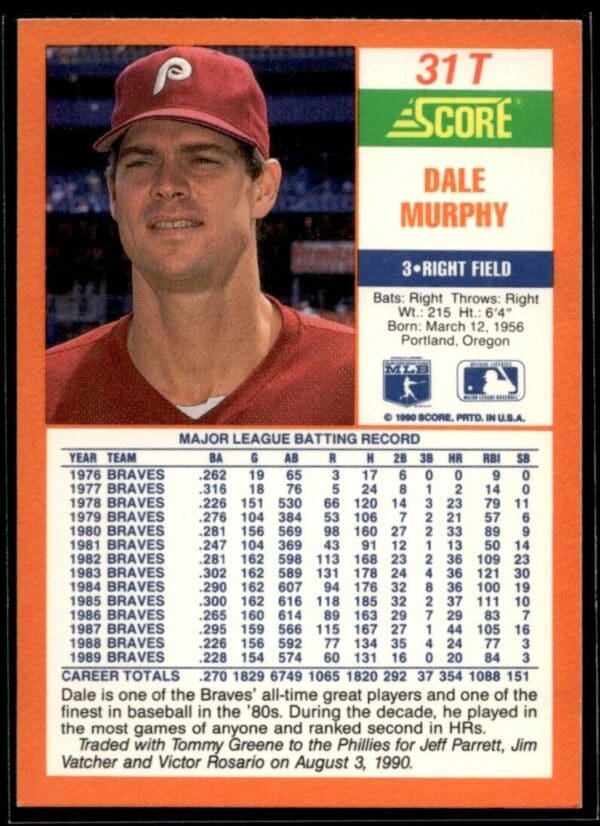 1990 Score Rookie & Traded Philadelphia Phillies #31T Dale Murphy