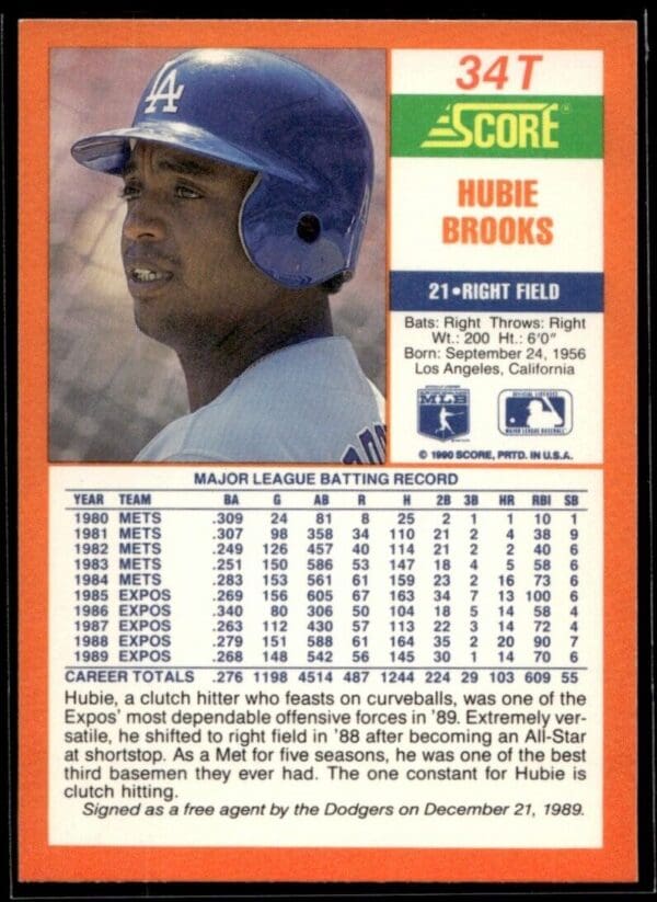 1990 Score Rookie & Traded Los Angeles Dodgers #34T Hubie Brooks
