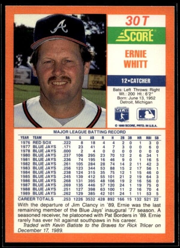 1990 Score Rookie & Traded Atlanta Braves #30T Ernie Whitt