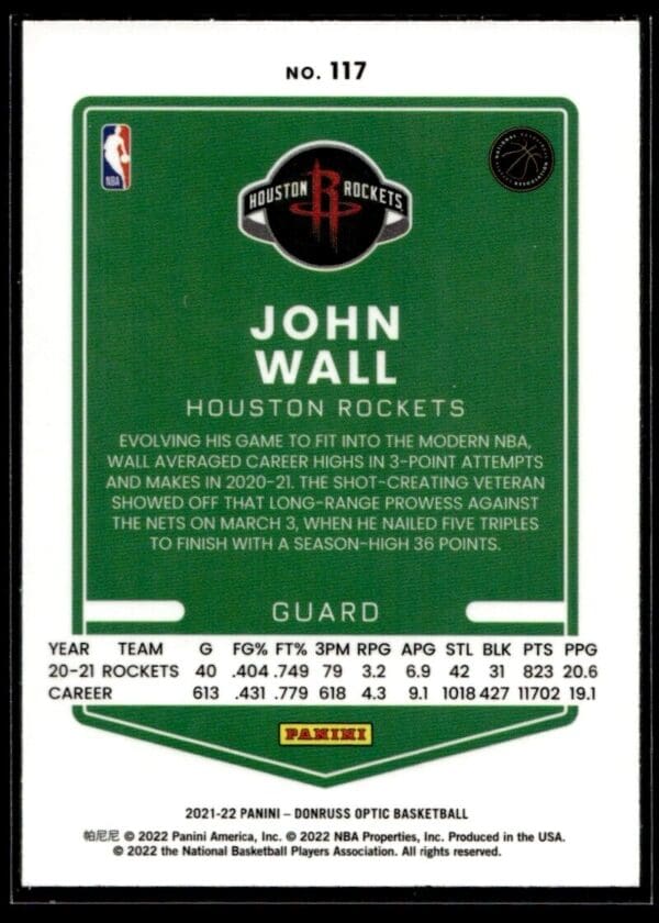 _10 2021 Donruss Optic Houston Rockets #117 John Wall