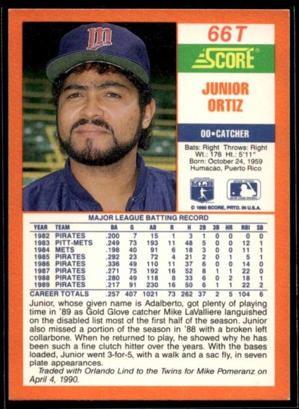 1990 Score Rookie & Traded Minnesota Twins #66T Junior Ortiz