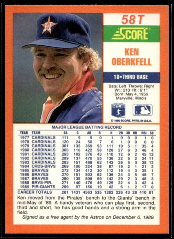 1990 Score Rookie & Traded Houston Astros #58T Ken Oberkfell