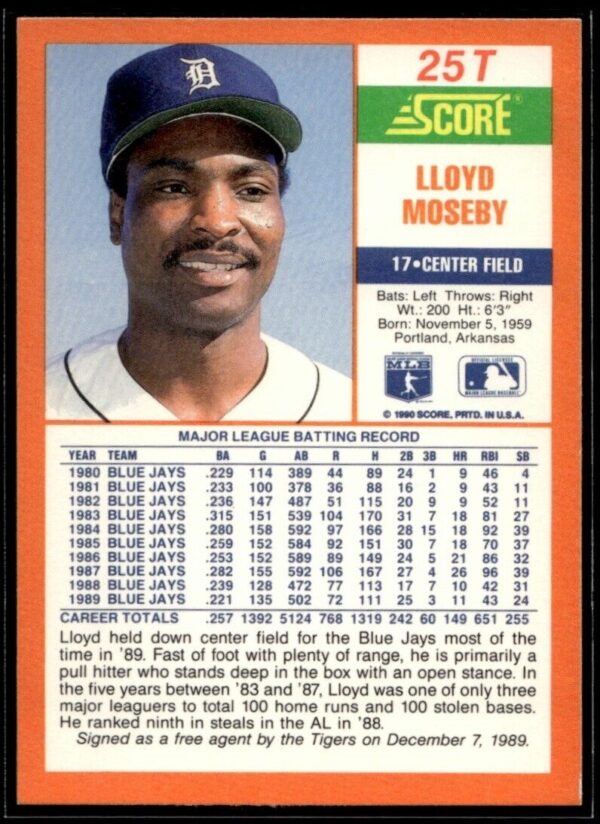 1990 Score Rookie & Traded Detroit Tigers #25T Lloyd Moseby