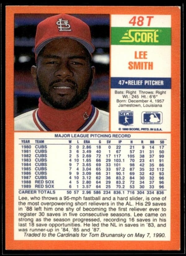 1990 Score Rookie & Traded St. Louis Cardinals #48T Lee Smith