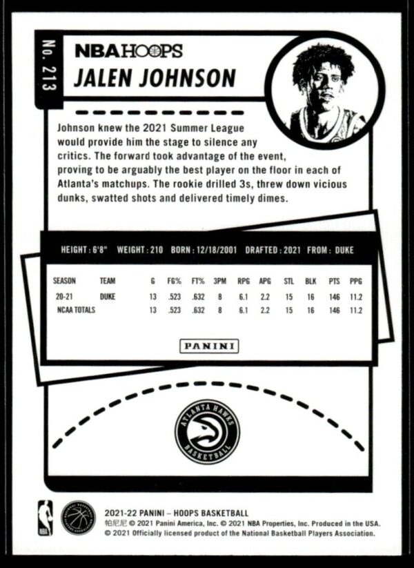 2021 NBA Hoops Atlanta Hawks #213 Jalen Johnson RC Rookie