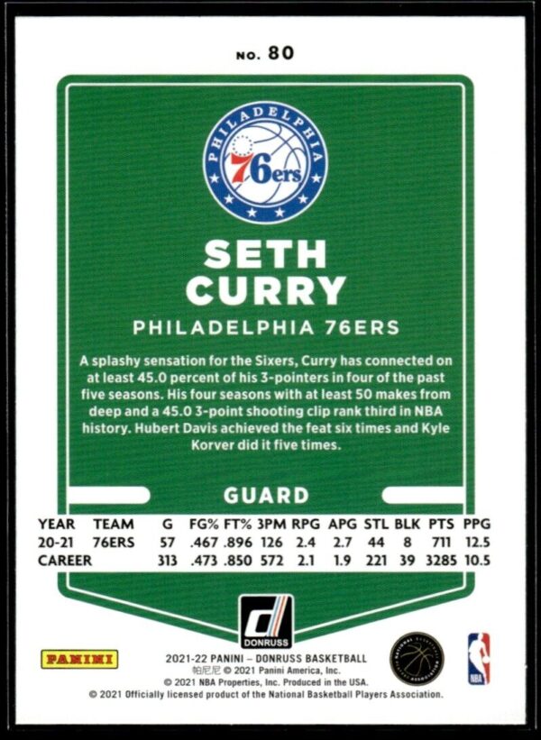 2021 Donruss Philadelphia 76ers #80 Seth Curry Orange Holo Laser