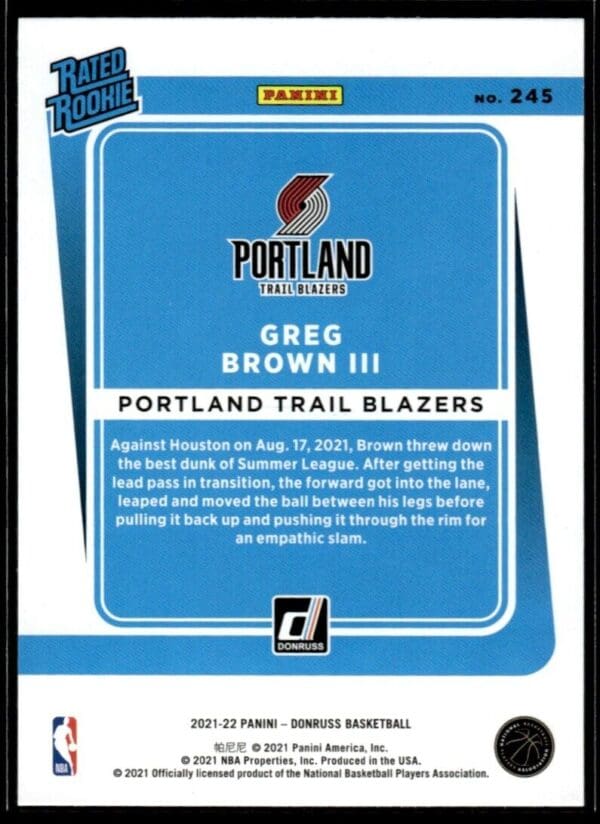 2021 Donruss Portland Trail Blazers #245 Greg Brown III RC Rookie