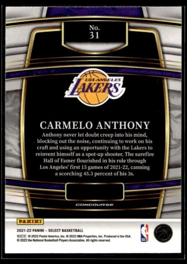 2021 Panini Select Los Angeles Lakers #31 Carmelo Anthony