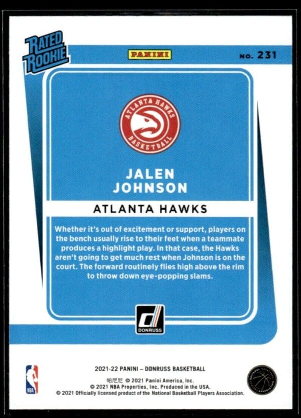 2021 Donruss Atlanta Hawks #231 Jalen Johnson RC Rookie