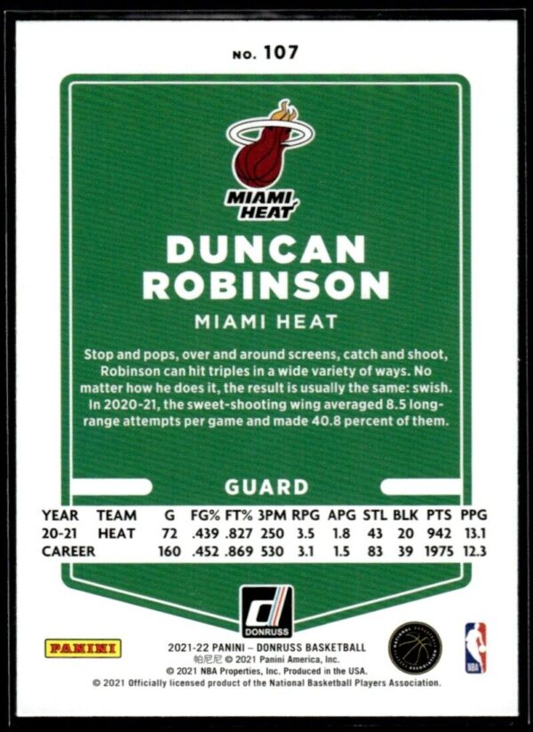 2021 Donruss Miami Heat #107 Duncan Robinson Orange Holo Laser