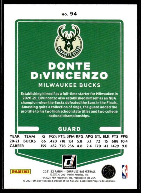 2021 Donruss Milwaukee Bucks #94 Donte DiVincenzo Orange Holo Laser