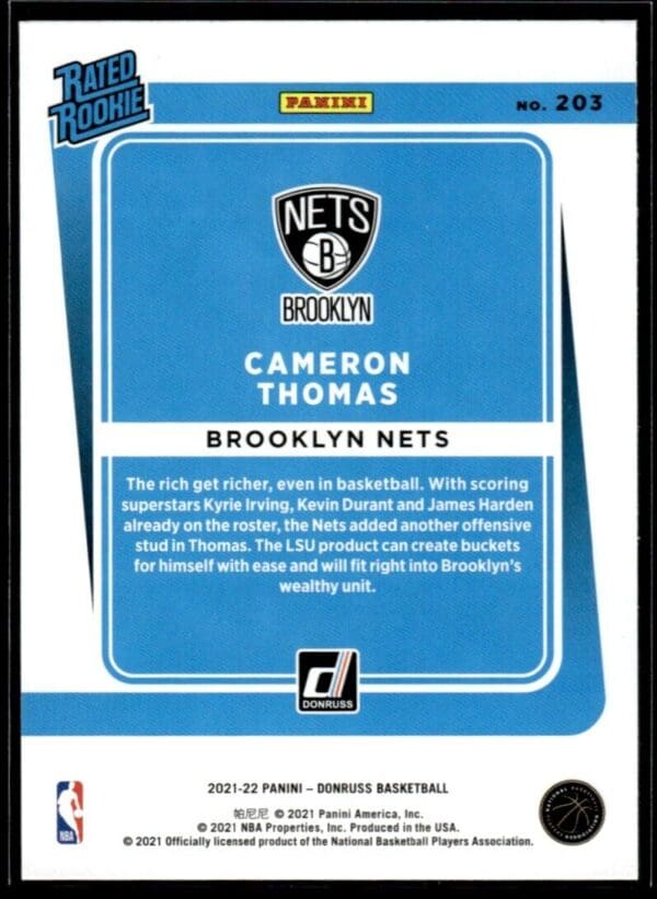 2021 Donruss Brooklyn Nets #203 Cameron Thomas RC Rookie