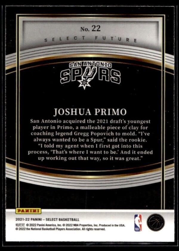 2021 Panini Select Future San Antonio Spurs #22 Joshua Primo