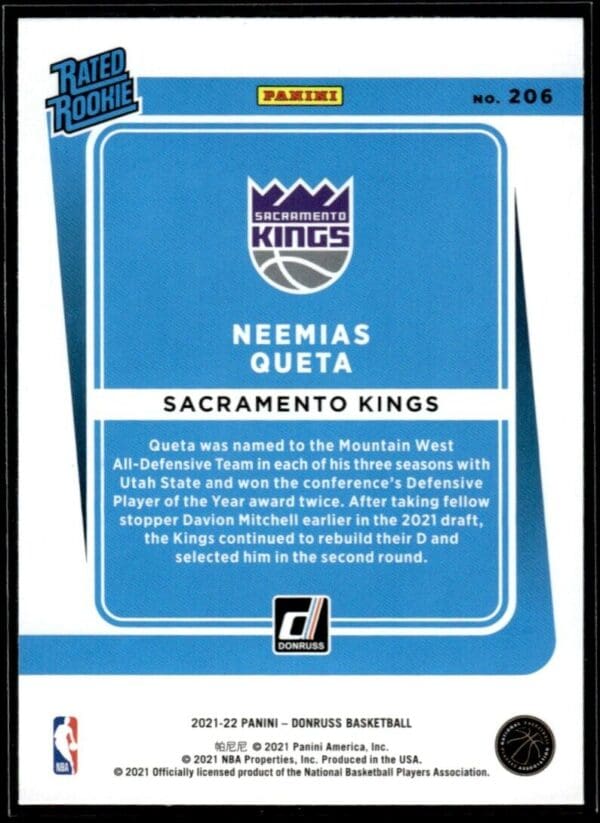 2021 Donruss Sacramento Kings #206 Neemias Queta RC Rookie