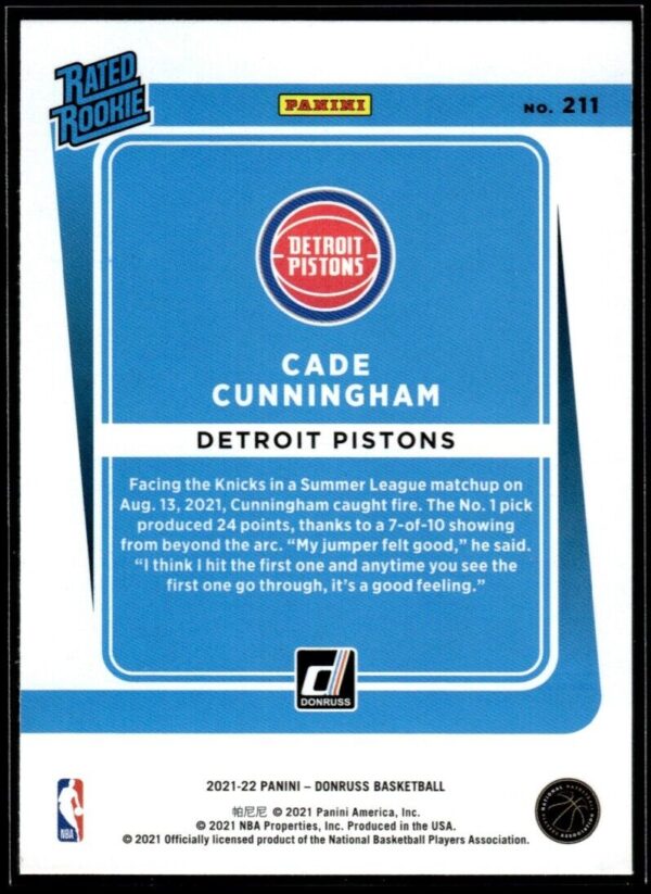 2021 Donruss Detroit Pistons #211 Cade Cunningham RC Rookie