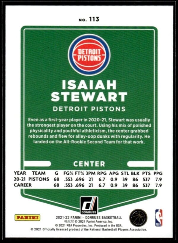 _10 2021 Donruss Detroit Pistons #113 Isaiah Stewart Orange Holo Laser