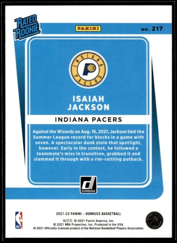 2021 Donruss Indiana Pacers #217 Isaiah Jackson RC Rookie