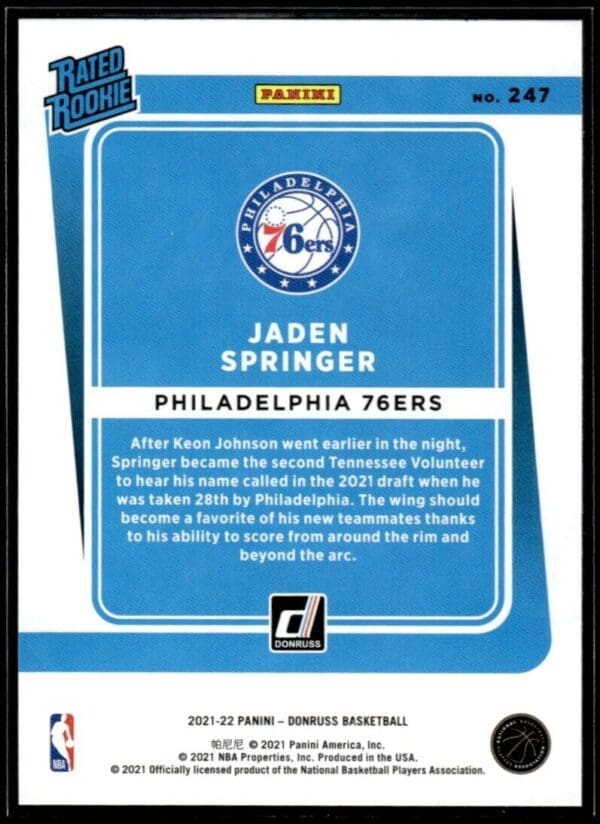 _10 2021 Donruss Philadelphia 76ers #247 Jaden Springer RC Rookie